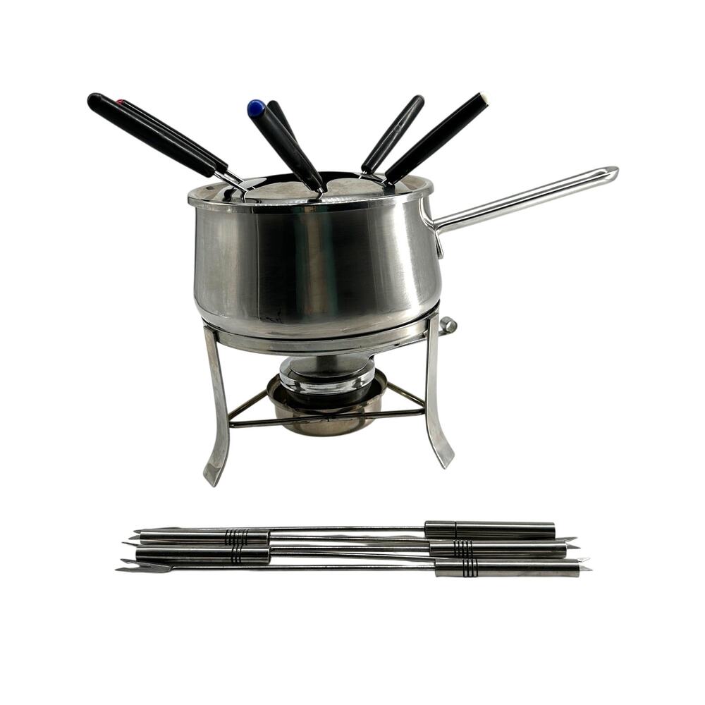 Stainless Steel Fondue Set Burner Pot Forks Mid Century MCM